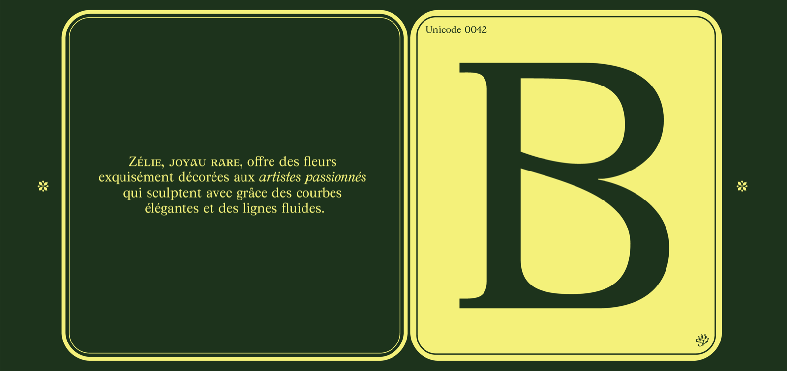 Visuel de la police L’Ancolie : lettre B capitale et texte de composition sur fond vert et jaune
