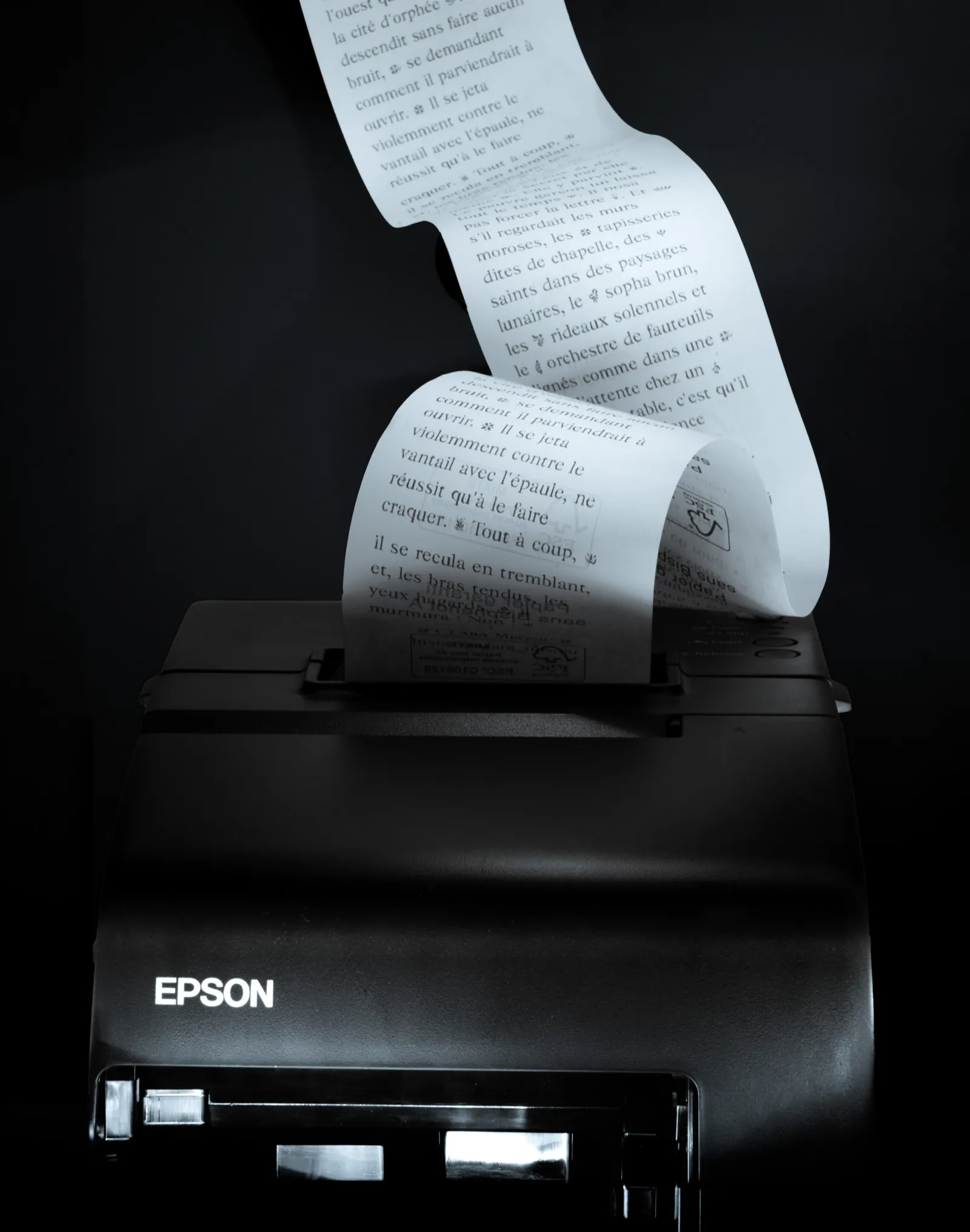 Imprimante thermique imprimant un long ticket de texte orné