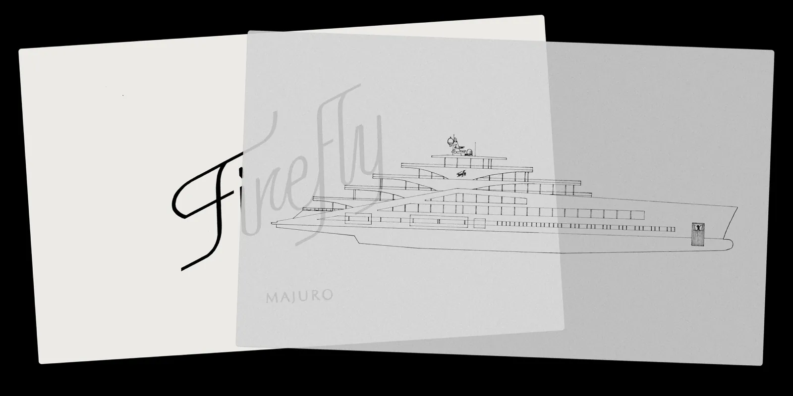 Planches de dessin du lettrage Firefly et silhouette du yacht