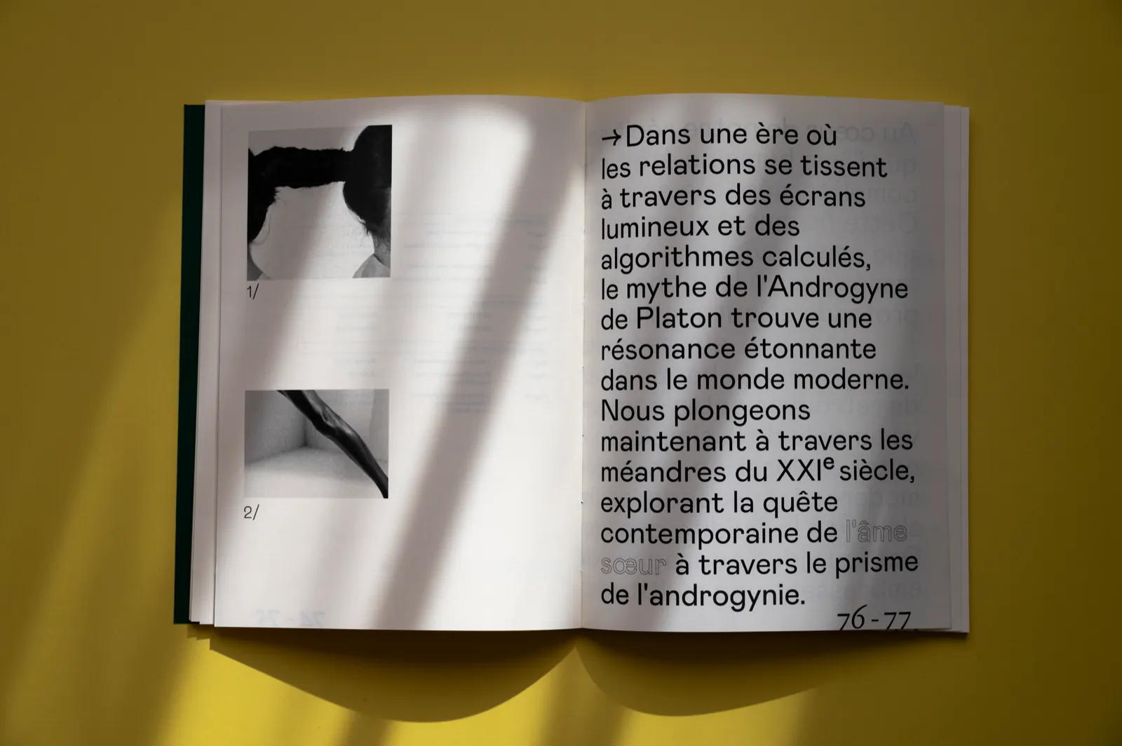 Livre Le mythe de l’Androgyne ouvert sur fond jaune, texte et images en noir et blanc