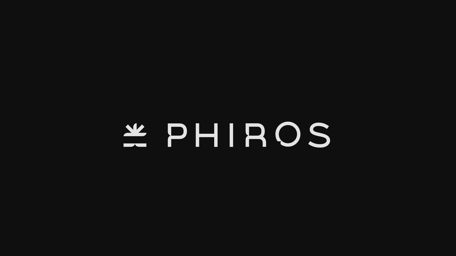 Lettrage Phiros espacé avec symbole de phare, en blanc sur fond noir