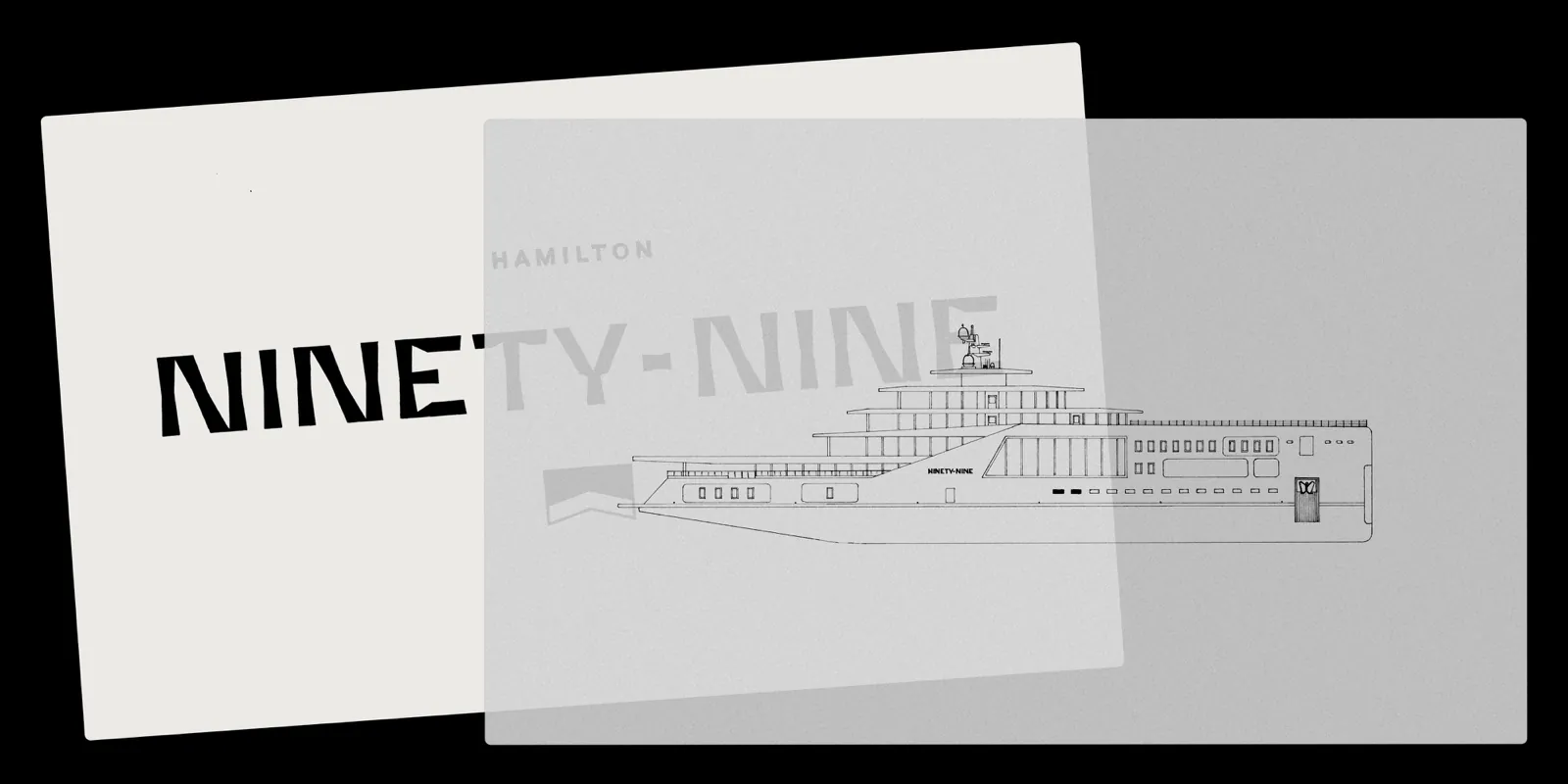 Planches de dessin du lettrage Ninety-Nine et silhouette du yacht