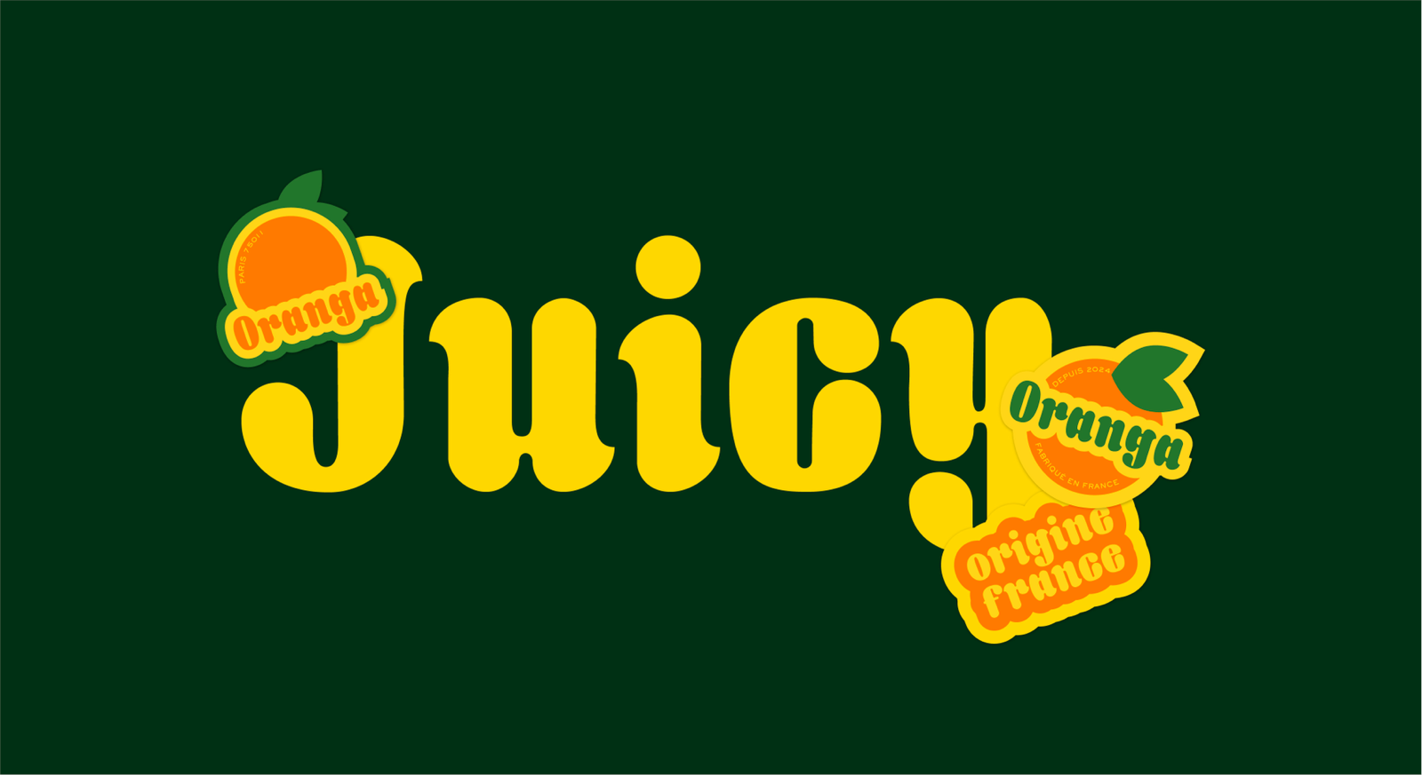 Mot « Juicy » composé en police Oranga en jaune sur fond vert